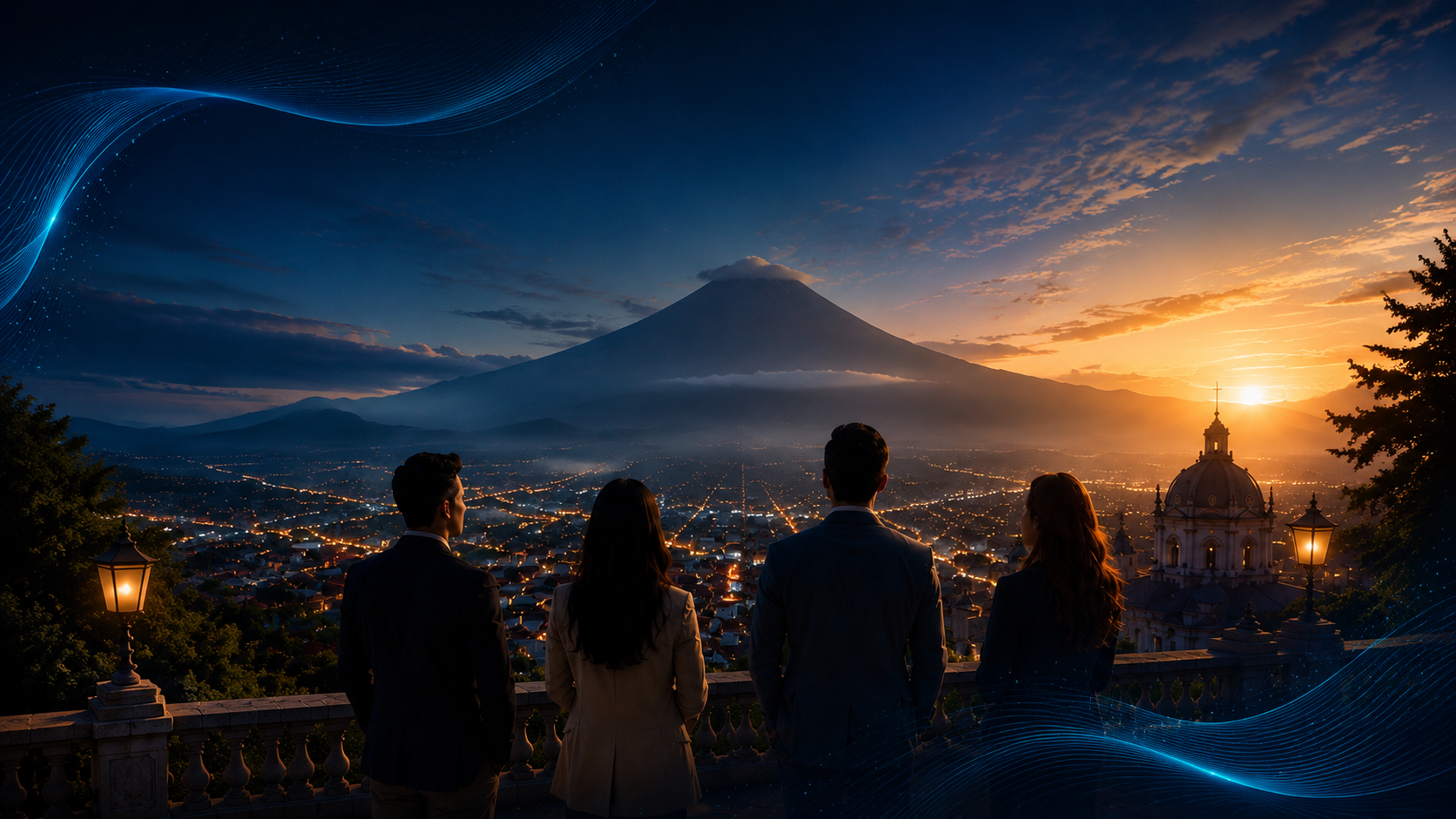 Personas mirando Quetzaltenango y su volcán al atardecer