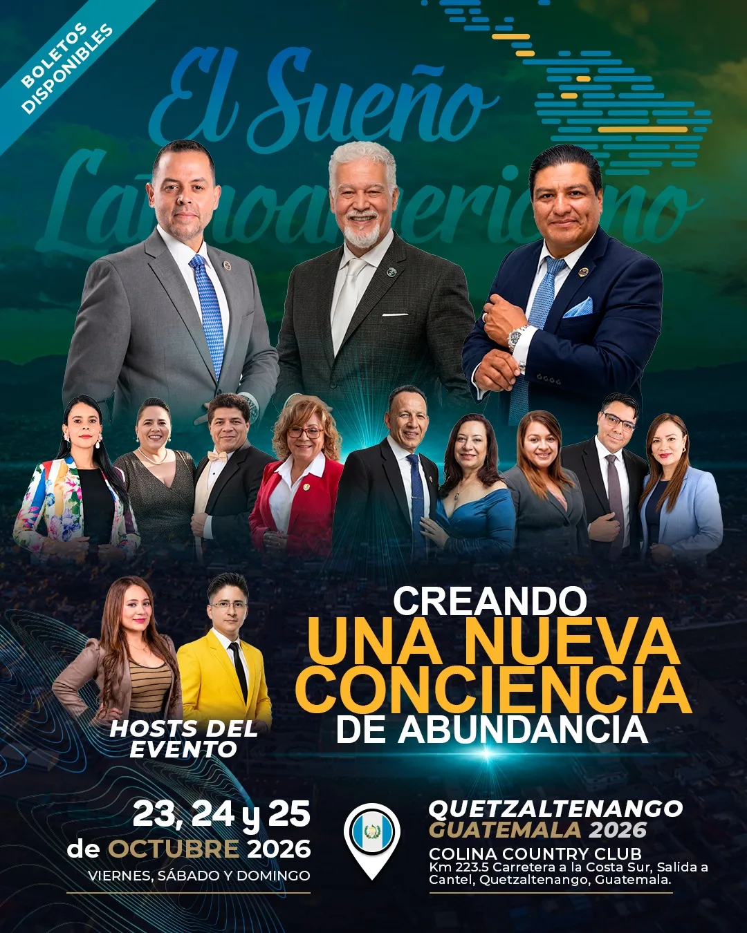 Afiche oficial de El Sueño Latinoamericano 2026: 23, 24 y 25 de octubre, Colina Country Club, Quetzaltenango